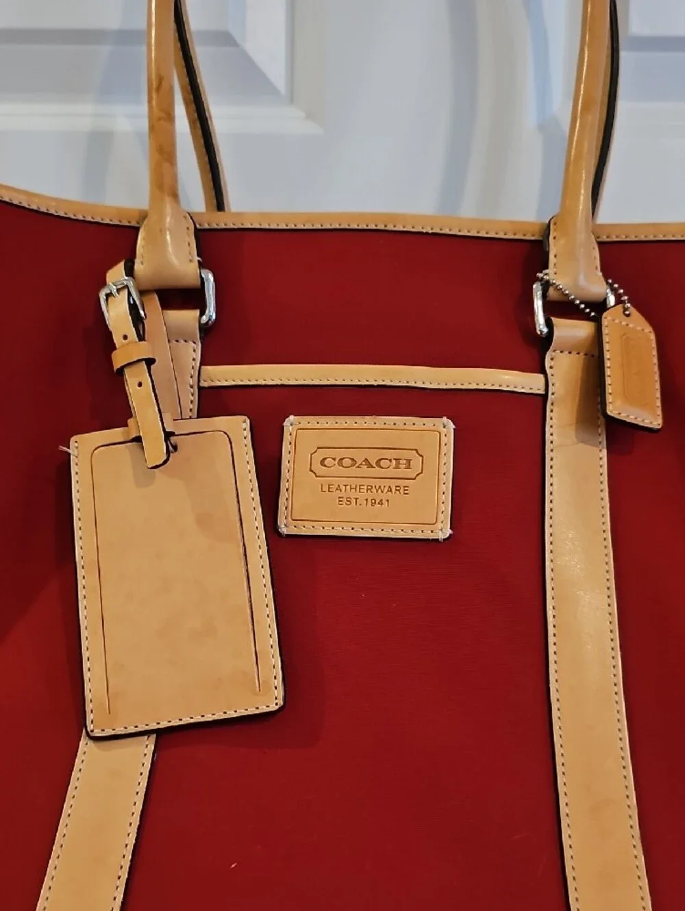 Coach Red Canvas Travel Tote with Tan Leather Trim Lock, Tag